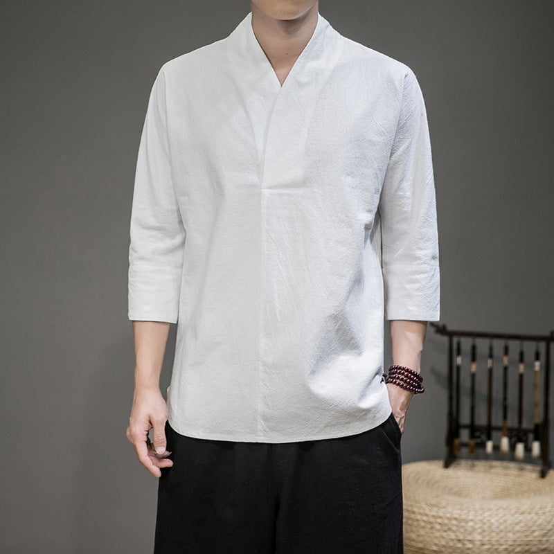 Hanfu Seven-point Sleeve Inner Shirt Mens Loose Chinese-style T-shirt Inner Shirt Top Ancient Suit Base Shirt Seven-point Sleeve Inner Shirt Chubby White 