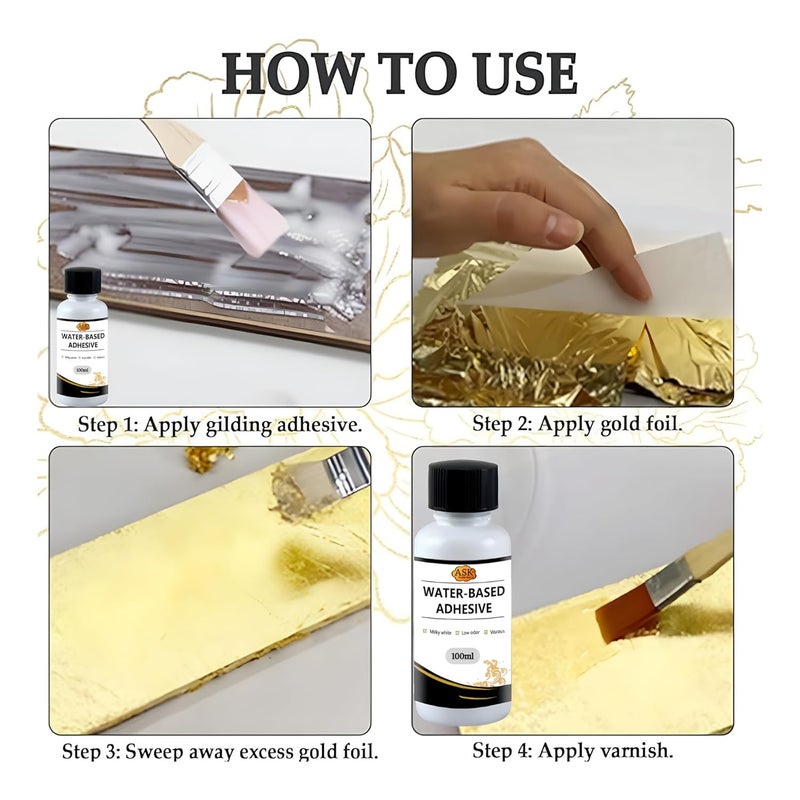 A.K GOLD LEAF AK GOLD LEAF Gilding Adhesive 100ml FastDrying WaterBased Glue for Gold Silver Metal Leaf Ideal for Crafts Wood Glass Paper DIY Projects - Image 4