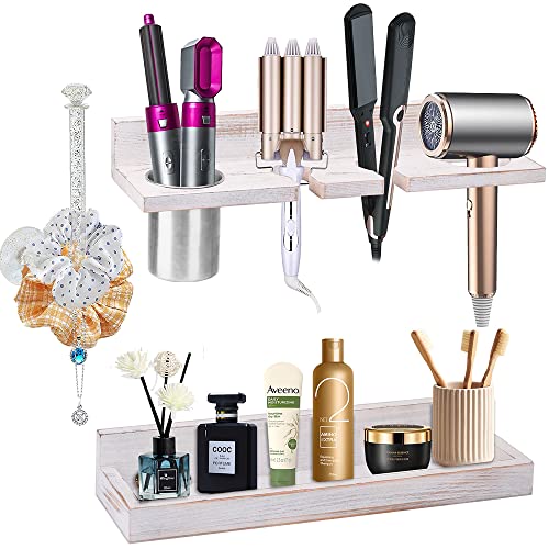 Hair Tool Organizer Wall Mount Holder Set of 2 Layer Rustic Blow Dryer Holder Hair Product Organizer Wooden Storage for Hair Dryer Curling Iron Hot Tools Vanity Accessories Makeup Toiletries