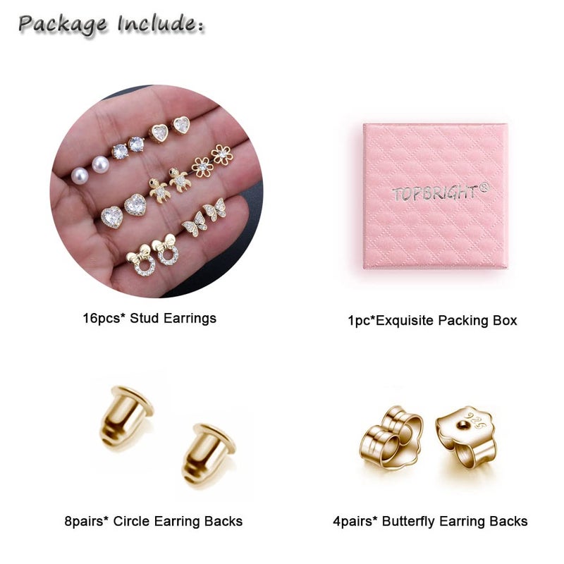 TOPBRIGHT 8 Pairs S925 Sterling Silver Stud Earrings Hypoallergenic Earrings with 18k Gold Plated Heart CZ Tiny Butterfly For Kids, Toddlers, Little Girls, Teens, Women - Image 2