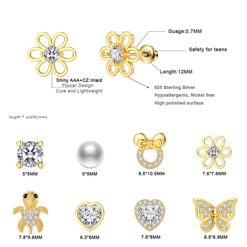 TOPBRIGHT 8 Pairs S925 Sterling Silver Stud Earrings Hypoallergenic Earrings with 18k Gold Plated Heart CZ Tiny Butterfly For Kids, Toddlers, Little Girls, Teens, Women - Image 4