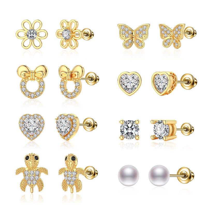 TOPBRIGHT 8 Pairs S925 Sterling Silver Stud Earrings Hypoallergenic Earrings with 18k Gold Plated Heart CZ Tiny Butterfly For Kids, Toddlers, Little Girls, Teens, Women - Image 1