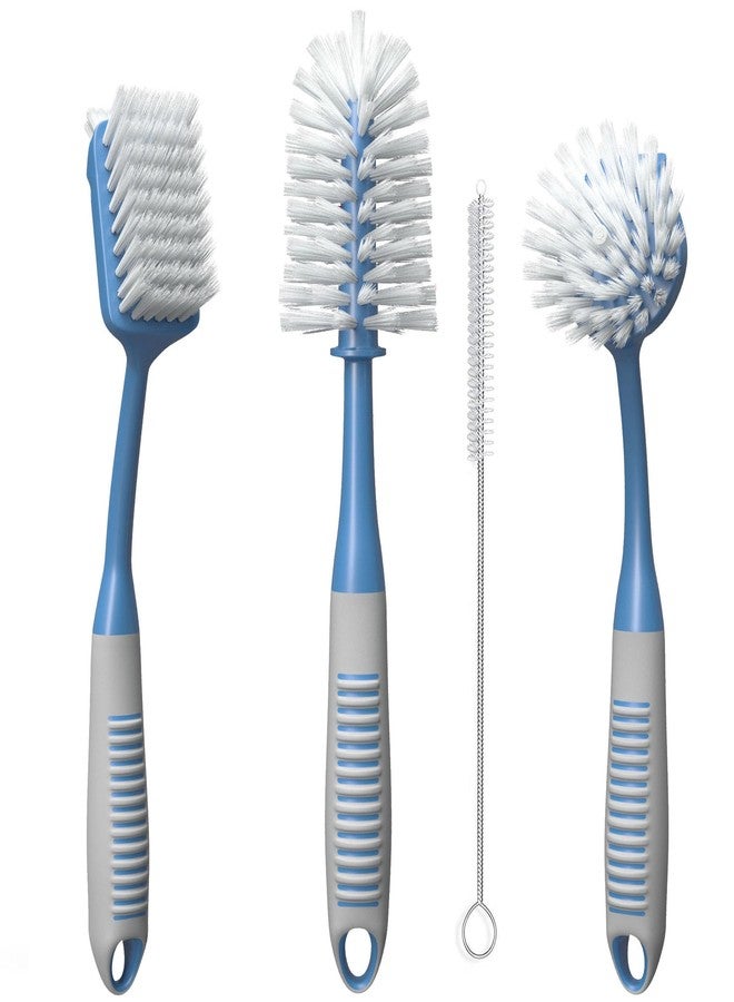 Trazon Dish Brush Set of 4 - Kitchen Scrub Brushes with Non-Slip Long Handle for Cleaning, Scrubber, Dishwashing, Dishes, Bottles, Straws, Cups, Pots & Sink, Blue - Image 1
