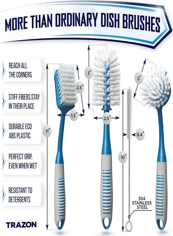 Trazon Dish Brush Set of 4 - Kitchen Scrub Brushes with Non-Slip Long Handle for Cleaning, Scrubber, Dishwashing, Dishes, Bottles, Straws, Cups, Pots & Sink, Blue - Image 2