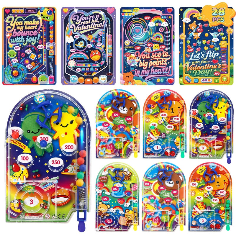AUUGUU 28 Valentines Day Cards with Handheld Pinball Game Classroom Exchange Arcade Toy Set for Kids Fun Interactive Mini Pinball Toys with Pun Cards School Party Favor - Image 3