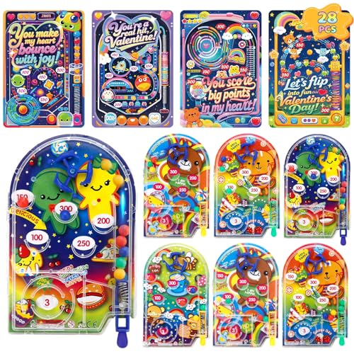 AUUGUU 28 Valentines Day Cards with Handheld Pinball Game Classroom Exchange Arcade Toy Set for Kids Fun Interactive Mini Pinball Toys with Pun Cards School Party Favor - Image 1