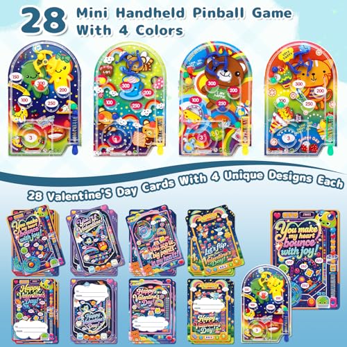 AUUGUU 28 Valentines Day Cards with Handheld Pinball Game Classroom Exchange Arcade Toy Set for Kids Fun Interactive Mini Pinball Toys with Pun Cards School Party Favor - Image 5