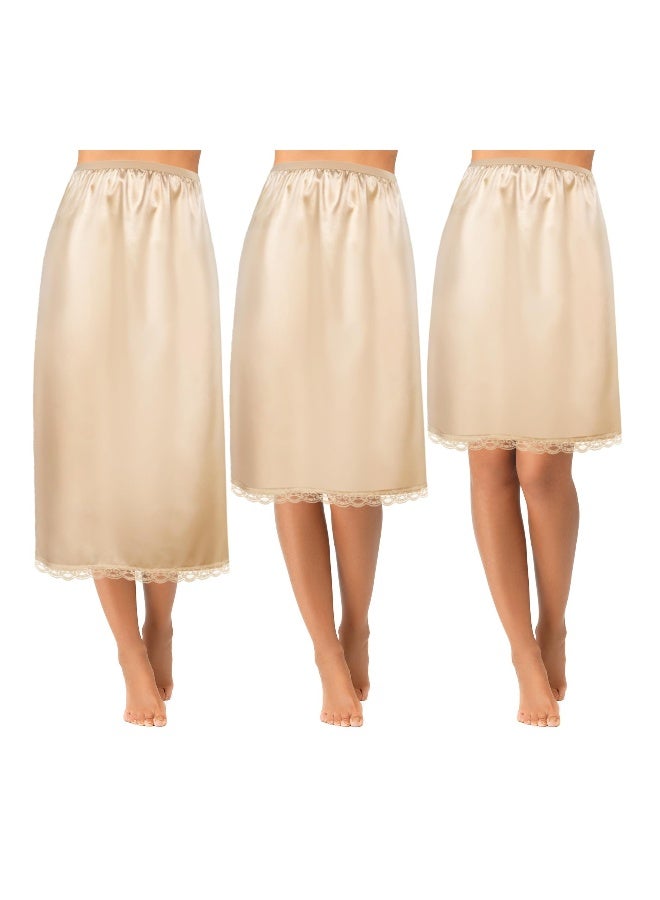 3 Pieces Women's Satin Half Slip for Under Dresses 3 Kinds of Length, Half Slips for Women Underskirt Short Long Skirt with Floral Lace Trim Lace Patchwork Lining Skirt (19/27/35Inch, champagne color) - Image 1