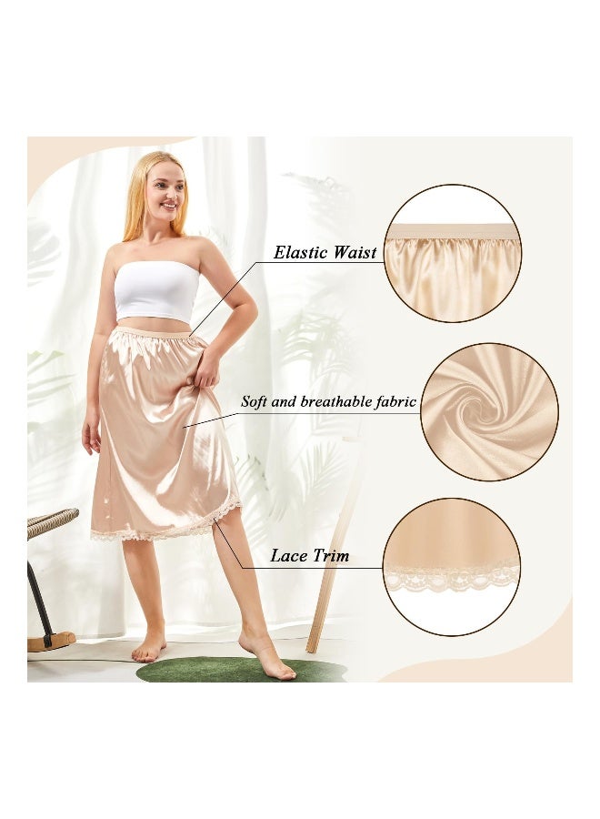 3 Pieces Women's Satin Half Slip for Under Dresses 3 Kinds of Length, Half Slips for Women Underskirt Short Long Skirt with Floral Lace Trim Lace Patchwork Lining Skirt (19/27/35Inch, champagne color) - Image 4