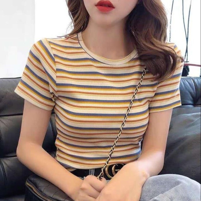[95 Cotton 5 Spandex] Cotton Shoulder Ins Short Sleeve T-Shirt Women'S Summer Thin Slim Slim Bump - Image 1