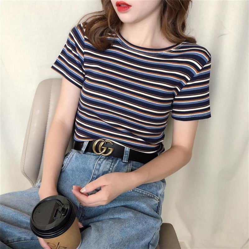 [95 Cotton 5 Spandex] Cotton Shoulder Ins Short Sleeve T-Shirt Women'S Summer Thin Slim Slim Bump - Image 3