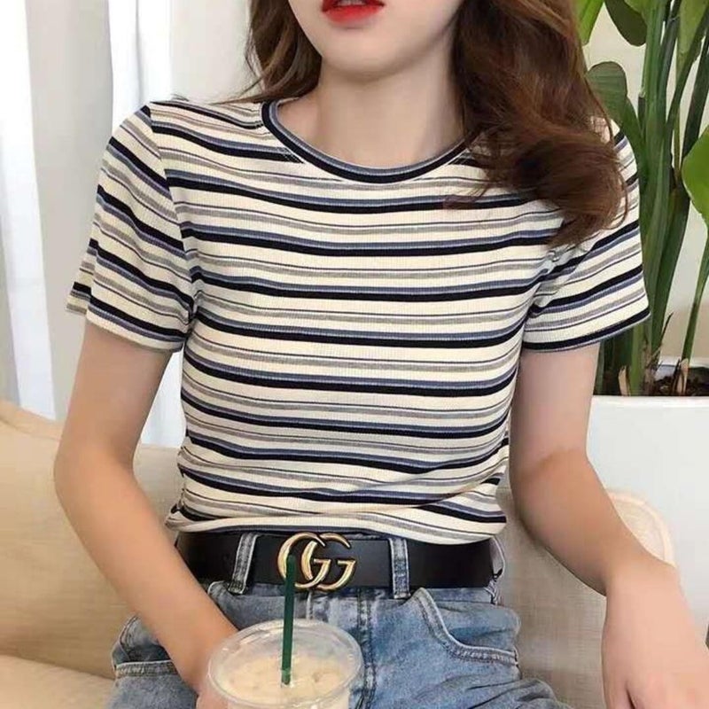 [95 Cotton 5 Spandex] Cotton Shoulder Ins Short Sleeve T-Shirt Women'S Summer Thin Slim Slim Bump - Image 5