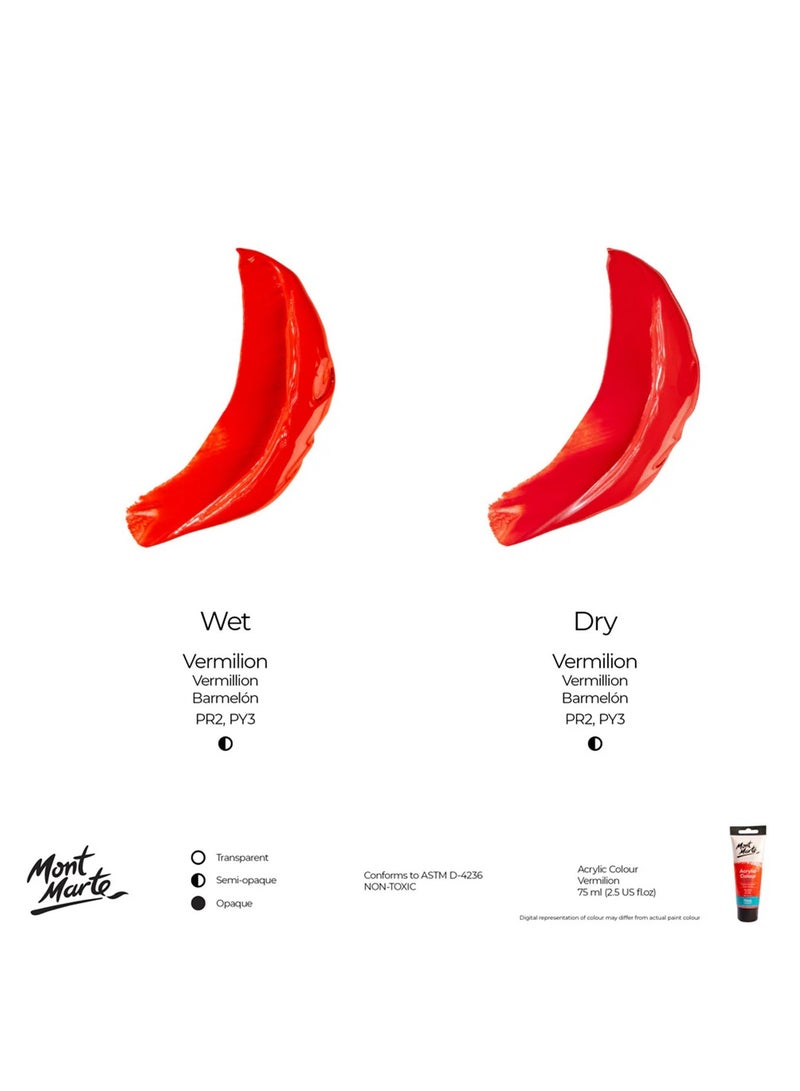 Mont Marte Signature Acrylic Colour Paint Tube 75ml Content Vermilion - Image 3