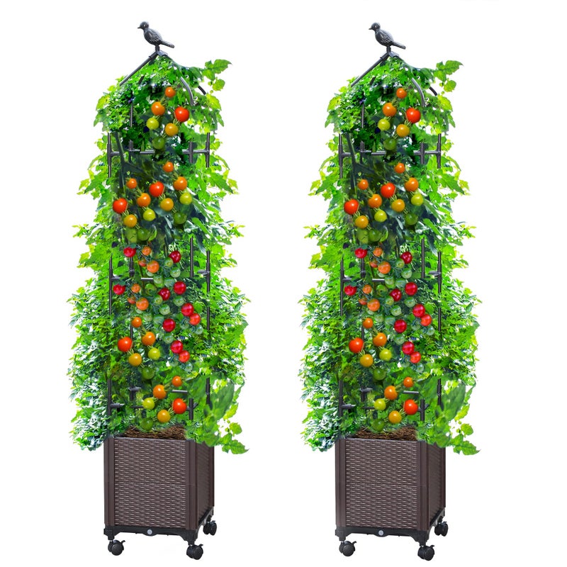 Sunnyglade صندوق زراعة مرتفع مع تعريشة 2 قطعة من سانيغليد 63 بوصة لزراعة الطماطم في الهواء الطلق للنباتات المتسلقة والزهور والنباتات المتسلقة مع عجلات