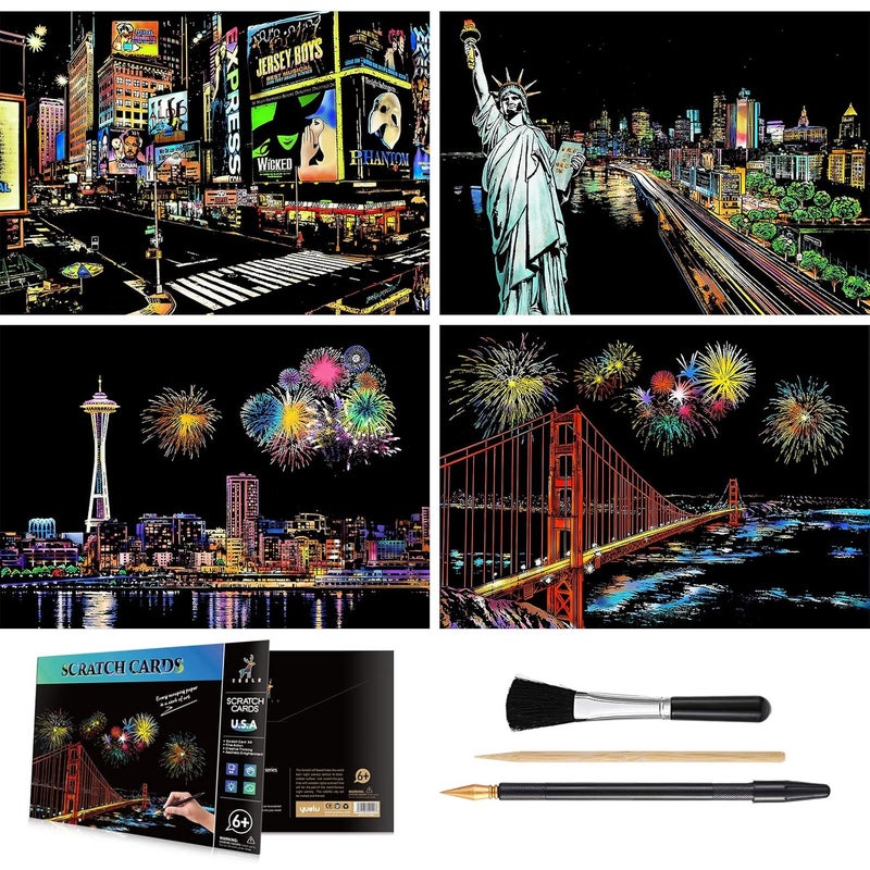 AP ARTSPER Rainbow Scratch Art Painting Paper A4 for Kids Adult Night View Scratchboard Set 4 Sheet Scratch Cards Drawing Pen Clean Brush Times Square Golden Gate Bridge Seattle Statue of Liberty 