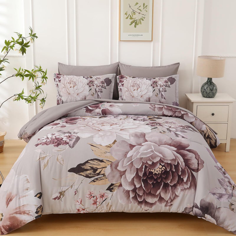 Dintszyayue Floral Comforter Set Queen Size 7 Pieces Elegant Taupe Flower Bed in a Bag Soft Bed Comforter Set for All Season with Flat Sheet, Fitted Sheets, Pillowcases & Shams - Image 1