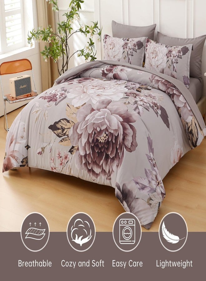 Dintszyayue Floral Comforter Set Queen Size 7 Pieces Elegant Taupe Flower Bed in a Bag Soft Bed Comforter Set for All Season with Flat Sheet, Fitted Sheets, Pillowcases & Shams - Image 3