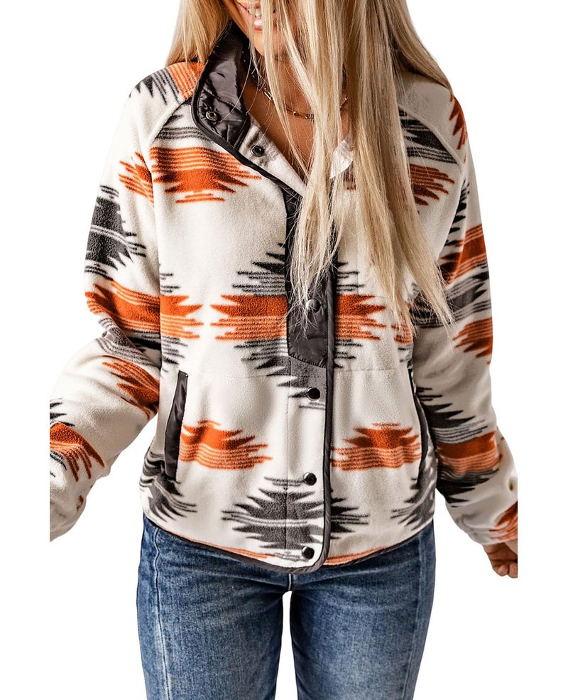 SELINK Womens Fleece Jacket Western Aztec Print Long Sleeve Snap Button Down Shacket Jackets with Pockets GreyXXL