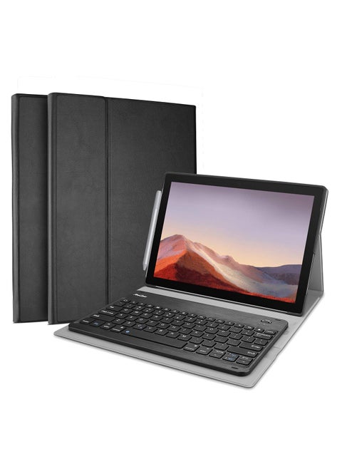 Keyboard Case for Surface Pro 7 Plus 12.3 Inch Tablet Slim Light Smart Cover with Magnetically Detachable Wireless Keyboard Black