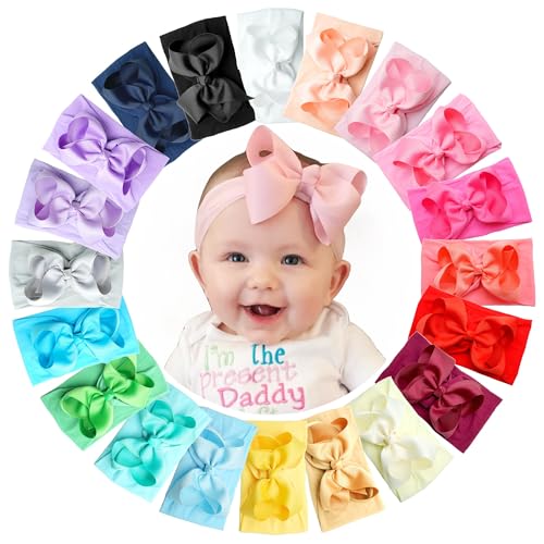 Yxiang 20PCS Baby Girl Bows Headbands, 4" Infant Bows Headbands Super Elastics Nylon Hairbands Cute Handmade Ribbon Bows for Babies Newborn Toddler (20 Colors) - Image 1