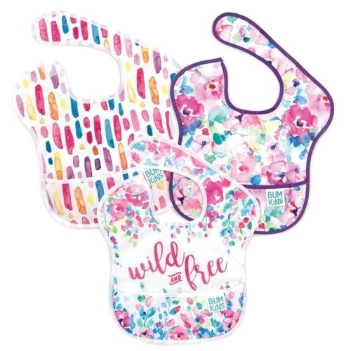 Bumkins Bibs for Girl or Boy, SuperBib Baby and Toddler for 6-24 Months, Essential Must Have for Eating, Feeding, Baby Led Weaning Supplies, Mess Saving Catch Food, Fabric 3-pk Wild and Free - Image 1