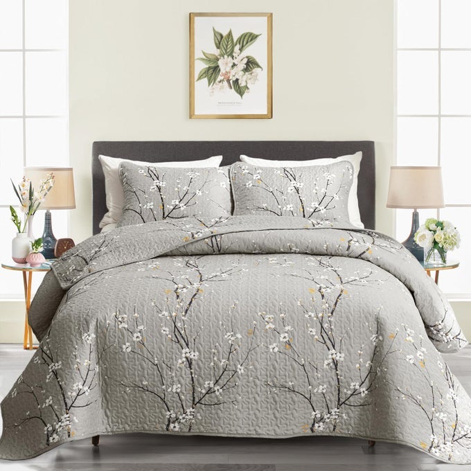 3 PIECES QUILT SET QUEEN FULL SIZE 88X88 GRAY BRANCH WITH WHITE ORANGE FLORAL STYLE SOFT MICROFIBER LIGHTWEIGHT COVERLET BEDSPREAD SUMMER BEDDING SET BED COVER FOR ALL SEASON 1 QUILT 2 SHAMS