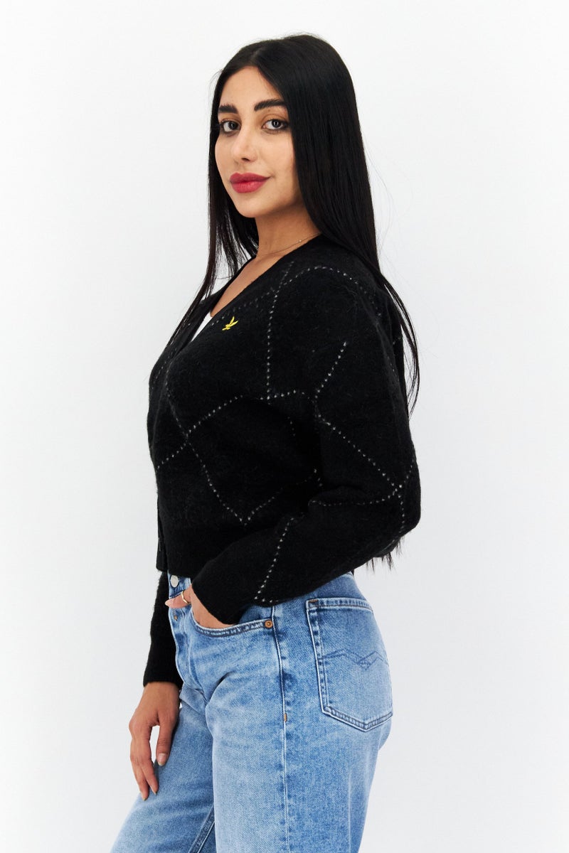 Lyle & Scott Women V-Neck Textured Cardigan, Black  - Image 2