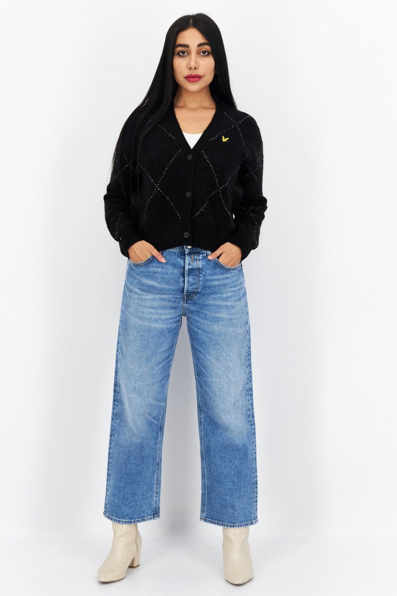 Lyle & Scott Women V-Neck Textured Cardigan, Black  - Image 3