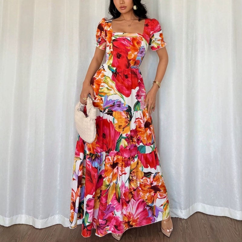 Women's French Style Floral Printed Vacation Maxi Dress - Image 3