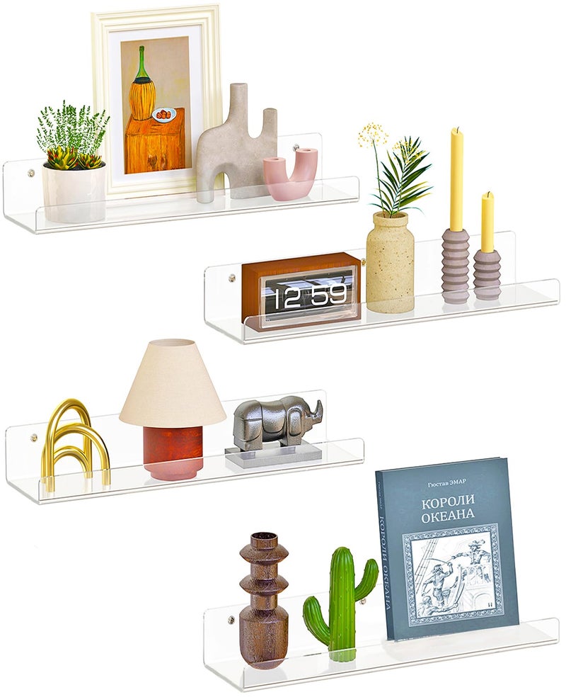 Dooiclear 4 Pack Floating Shelves for Wall, 15" Clear Book Shelf, Acrylic Floating Wall Shelf, Display Shelves Organizer for Bathroom, Classroom, Bedroom, Living Room, Kitchen, Room Decor - Image 3