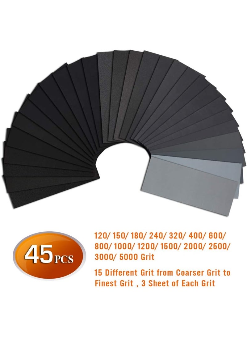 45Pcs Wet Dry Waterproof Sandpaper Assorted Grit 120 to 5000, Multipurpose Polishing Abrasive Sand Sheets for Wood Metal Automotive Polishing - Image 2