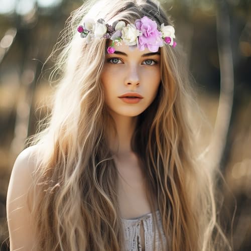 Vivivalue Floral Crown Headband Flower Headpiece Hair Wreath Floral Halo Boho with Ribbon Wedding Party Photos Prom Lavander - Image 3