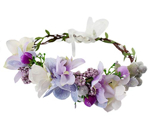 Vivivalue Floral Crown Headband Flower Headpiece Hair Wreath Floral Halo Boho with Ribbon Wedding Party Photos Prom Lavander - Image 1