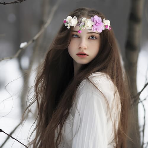 Vivivalue Floral Crown Headband Flower Headpiece Hair Wreath Floral Halo Boho with Ribbon Wedding Party Photos Prom Lavander - Image 5