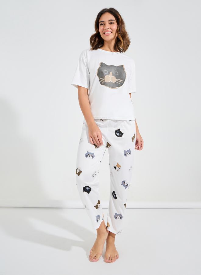 Take Two Cat Print T-Shirt & Pyjama Set - Image 1