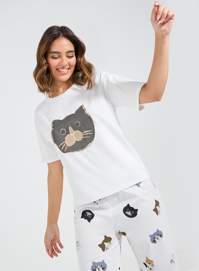 Take Two Cat Print T-Shirt & Pyjama Set - Image 2