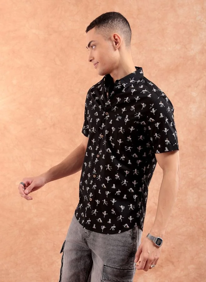 شركة المرآب الهندية Men Slim Fit Printed Half Sleeves Cutaway Collar Casual Shirt