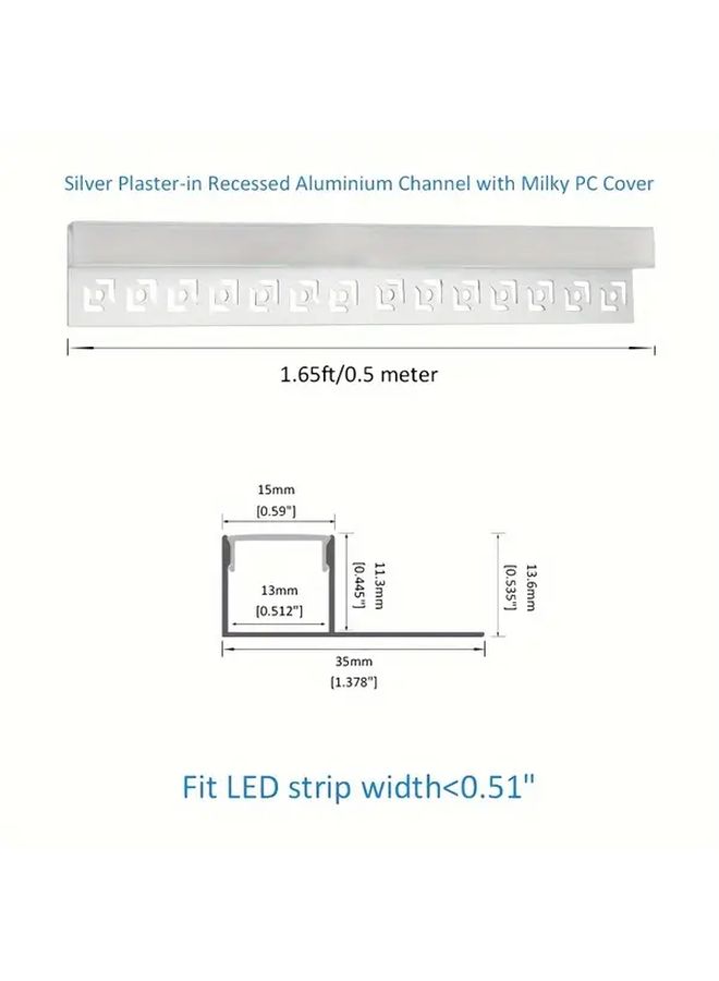 قناة ألومنيوم فضية LED موديل 1513 بطول 1.65 قدم، ناشر شريط غائر للحوائط الجافة - Image 3