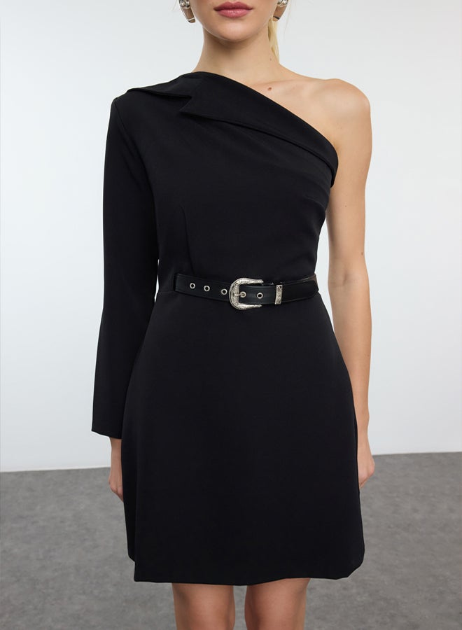 trendyol Black Single Arm Belt Accessory Detail Woven Stylish Mini Evening Dress TPRAW25EL00029 - Image 3