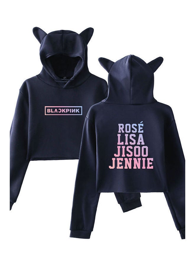 NIBEMINENT Cute Letter Printing Cat Ears Hooded Pullover Dark blue  - Image 1
