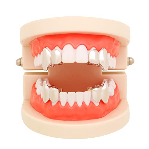 Huliyhus 2 Pcs 18K Gold Plated Double Tooth Cap Hip Hop Teeth Grillz Vampire Fangs Grills Set for Men Women Party Accessories Teeth Grills (01, Silver) - Image 3
