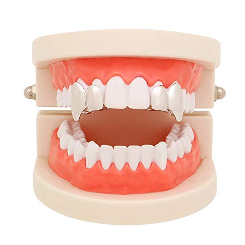 Huliyhus 2 Pcs 18K Gold Plated Double Tooth Cap Hip Hop Teeth Grillz Vampire Fangs Grills Set for Men Women Party Accessories Teeth Grills (01, Silver) - Image 1