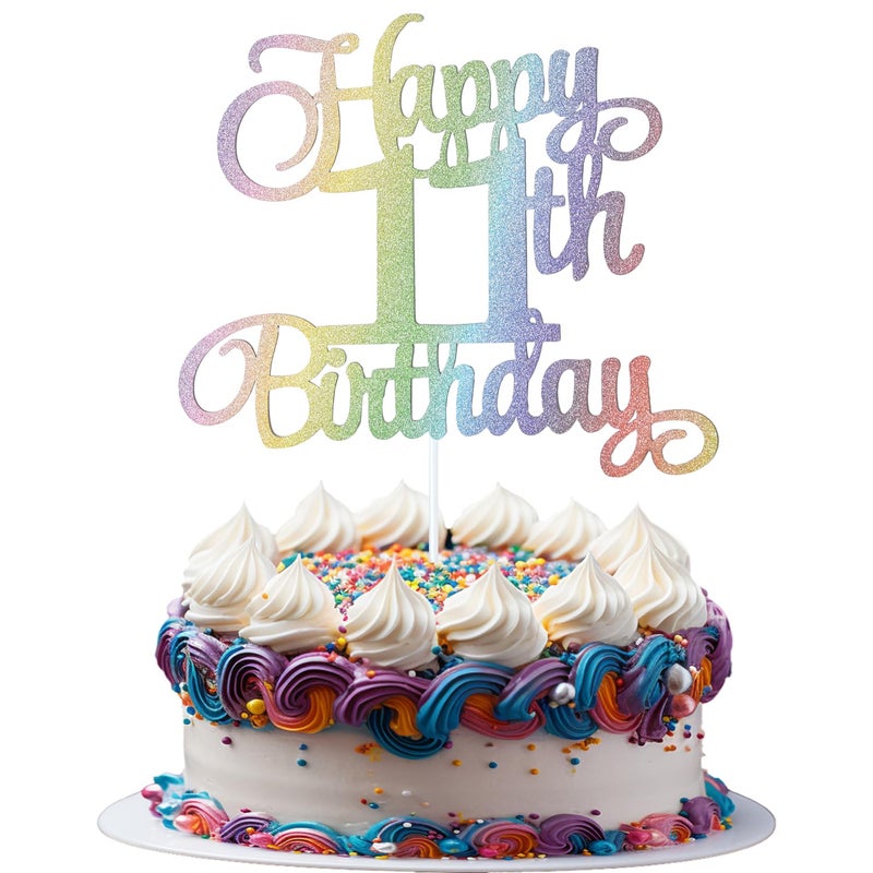 Chewarelly 11th Happy Birthday Cake Topper  Glitter Happy 11th Birthday Cake Topper for Birthday Party Cake Decoration(Rainbow Color) - Image 1
