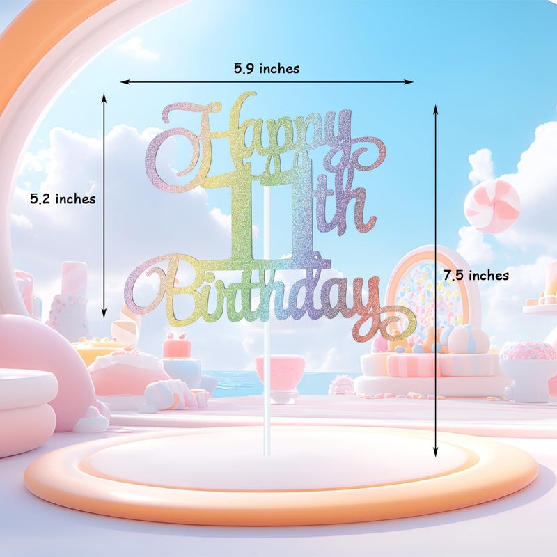 Chewarelly 11th Happy Birthday Cake Topper  Glitter Happy 11th Birthday Cake Topper for Birthday Party Cake Decoration(Rainbow Color) - Image 2