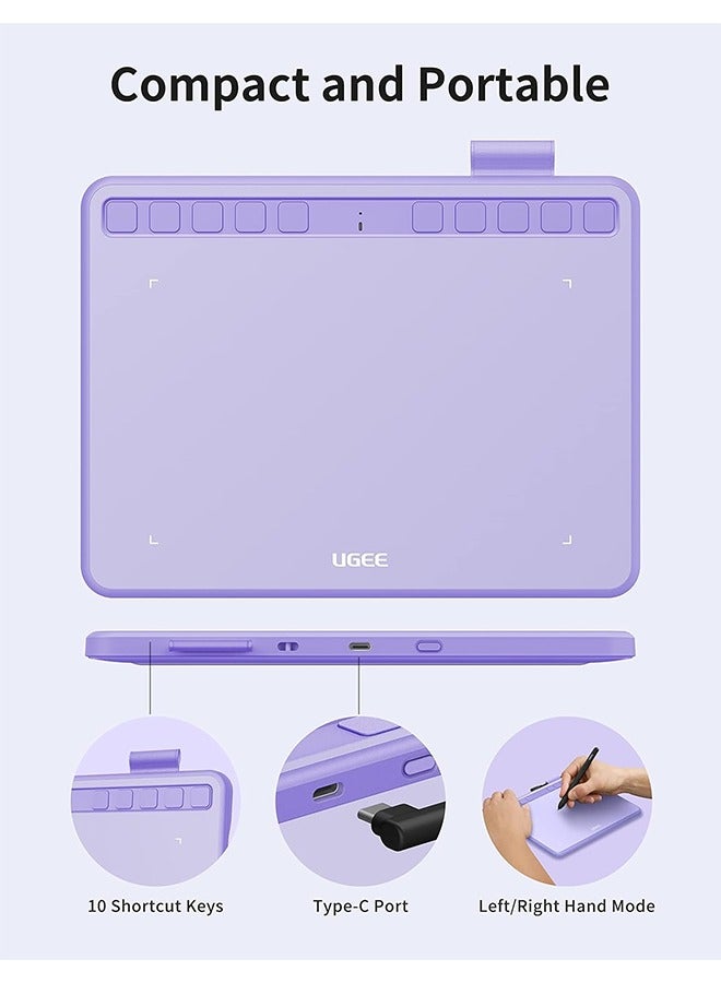 Ugee Ugee Drawing Tablet 6.3x4 Inches Computer Graphics Tablets with 10 Hot Keys，Digital Tablet Battery-Free Stylus 8192 Pressure Sensitivity 60°Tilt Function Drawing Pad for PC,Mac,Windows,Android-Purple  - Image 4