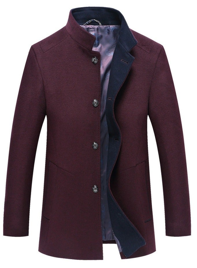Loquat Mens Slim Fit Winter Wool Blend Jackets Stand Collar Windbreaker  Overcoats Wine Red 