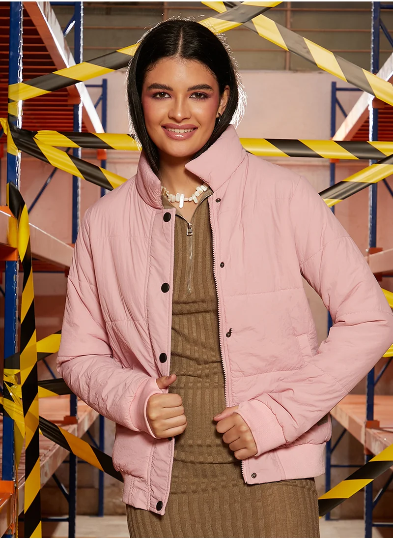 كامبوس سوترا Women's Blush Pink Puffer Jacket With Angled Open Pockets