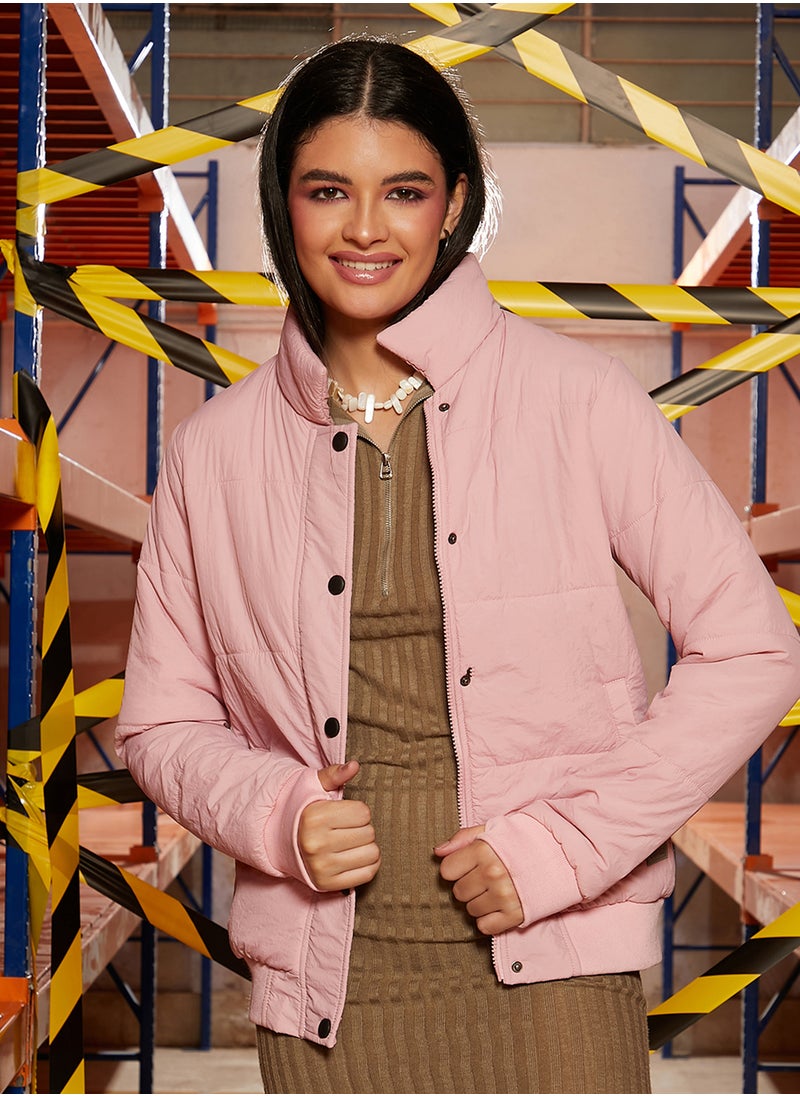 Campus Sutra Women's Blush Pink Puffer Jacket With Angled Open Pockets  - Image 2