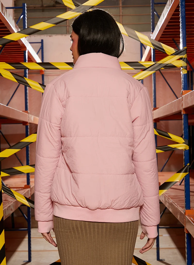 Campus Sutra Women's Blush Pink Puffer Jacket With Angled Open Pockets