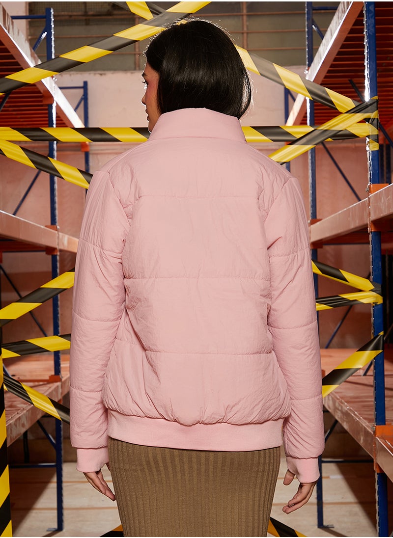 Campus Sutra Women's Blush Pink Puffer Jacket With Angled Open Pockets  - Image 5